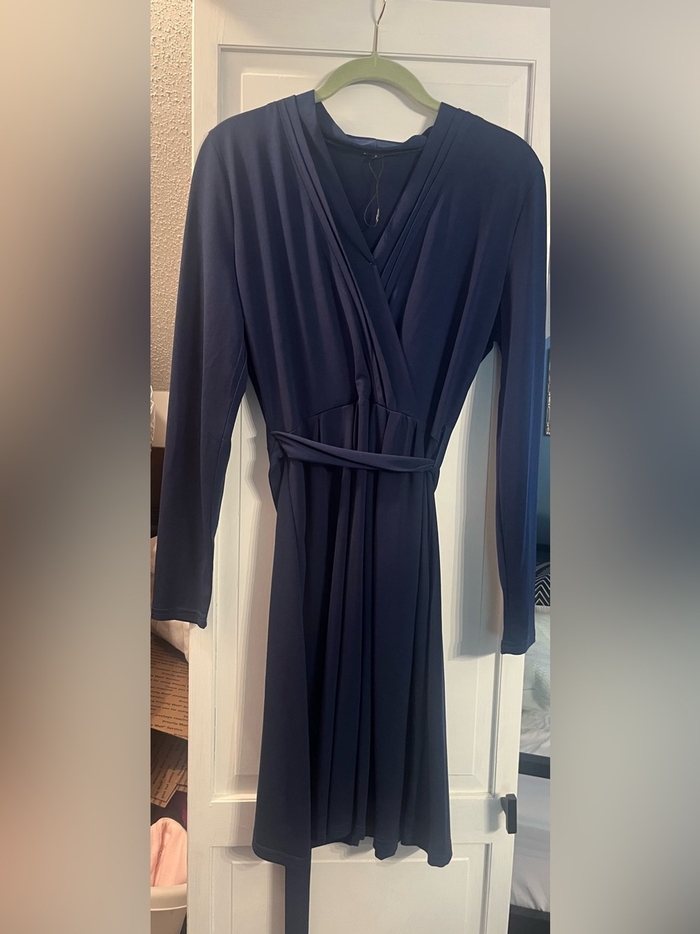 Navy faux Wrap-Style Long Sleeve Dress - Classic Elegant Fit